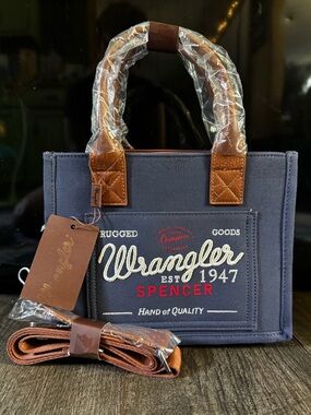 Wrangler Navy Canvas Messenger Bag with Brown Trim
